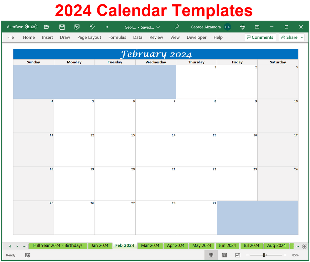 Printable 2024 Calendar Spreadsheet Best Downloadable Excel Templates