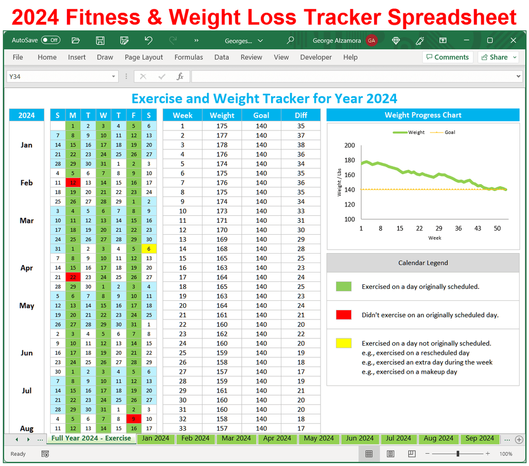 Excel Workout and Weight Tracking Calendars tagged "Calendar Year