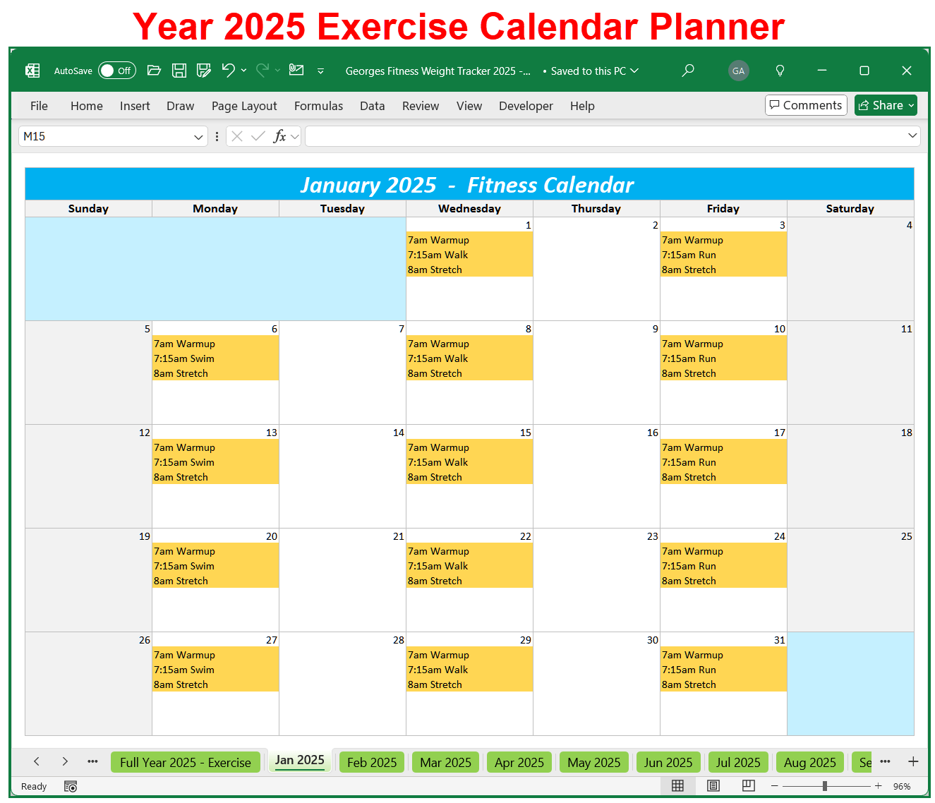 2025 Exercise Calendar Planner