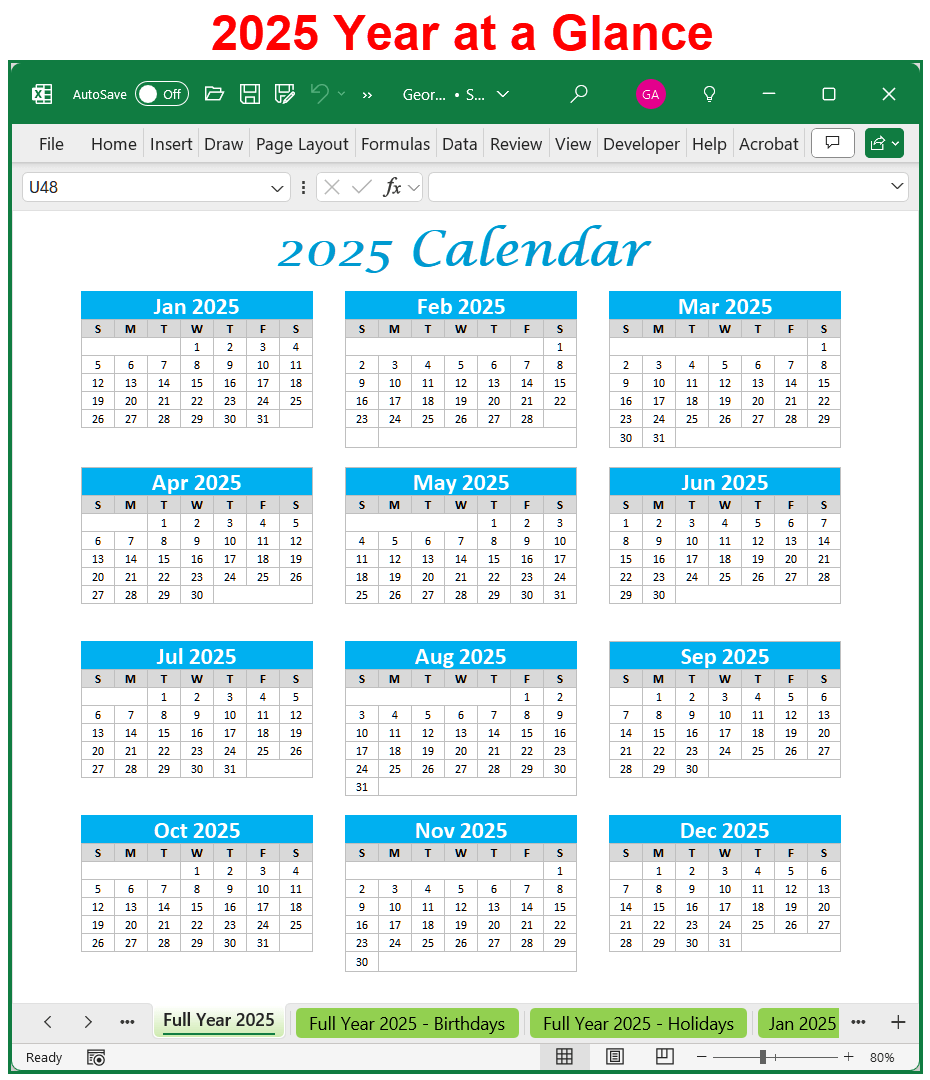 2025 Year At A Glance Calendar