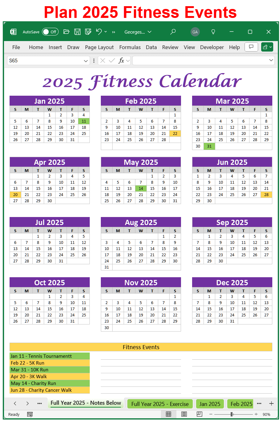 Fitness Calendar Template Year 2025