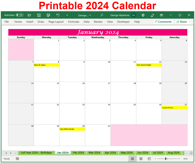 Printable 2024 Calendar Spreadsheet: Best Downloadable Excel Templates ...