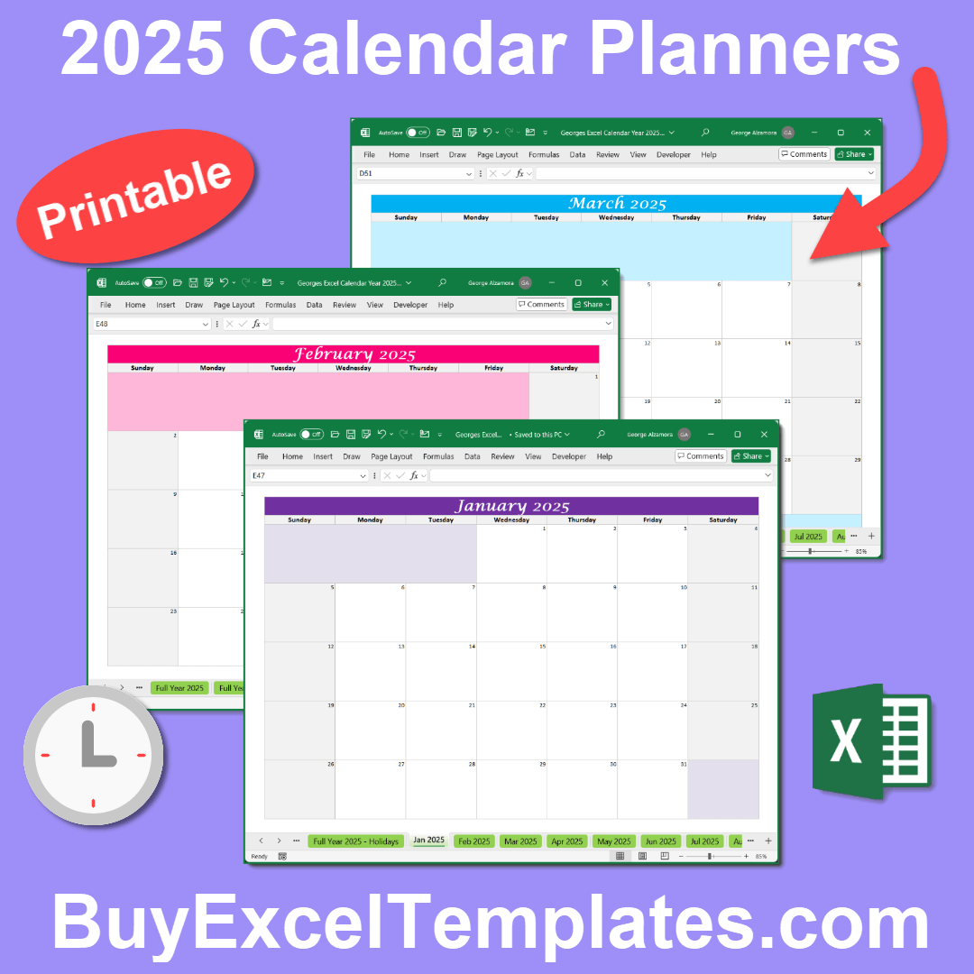 Year 2025 Calendar Spreadsheet Template