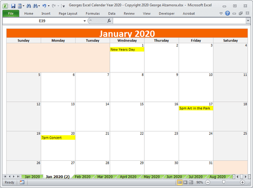 2020 Calendar Year in Excel Spreadsheet - Printable - Digital Download ...