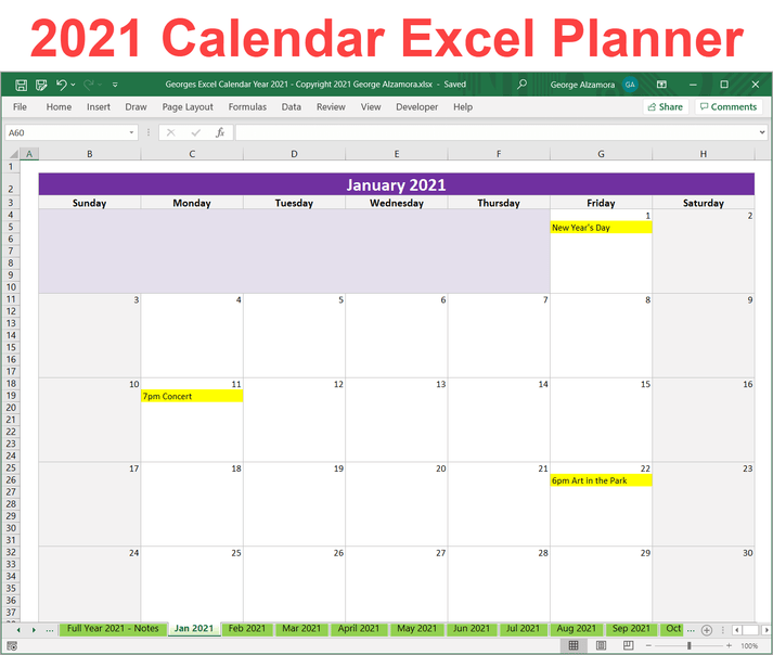 2021 Excel Calendar Planner Template Monthly Yearly Printable Download ...