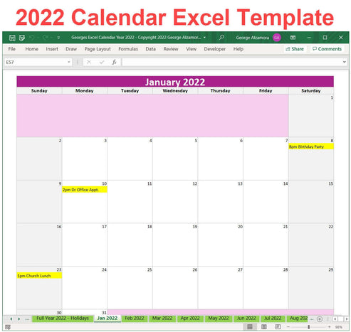 2022 Excel Calendar Planner Template Monthly Yearly Printable Download ...