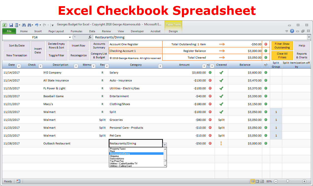 Excel Budget Spreadsheet and Checkbook Register Software ...