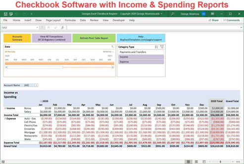 Excel Checkbook Register Template: Categories Reconciliation Spending ...