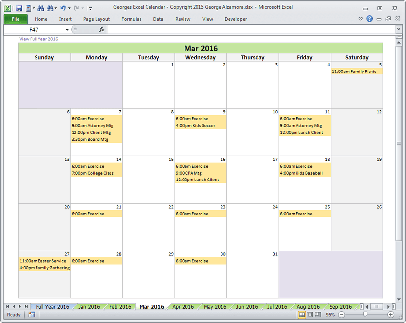 Georges Excel Calendar Year 2016 Spreadsheet – BuyExcelTemplates.com