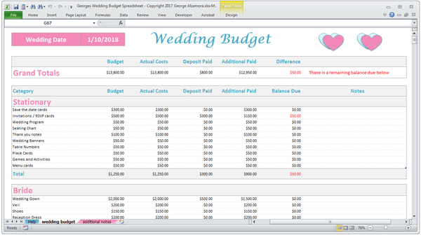 Excel Wedding Budget Planner Spreadsheet - Basic Version ...