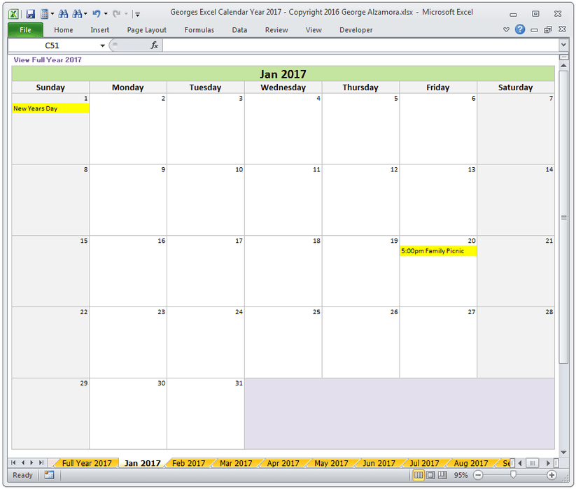 Excel Calendar Year 2017 Spreadsheet – BuyExcelTemplates.com
