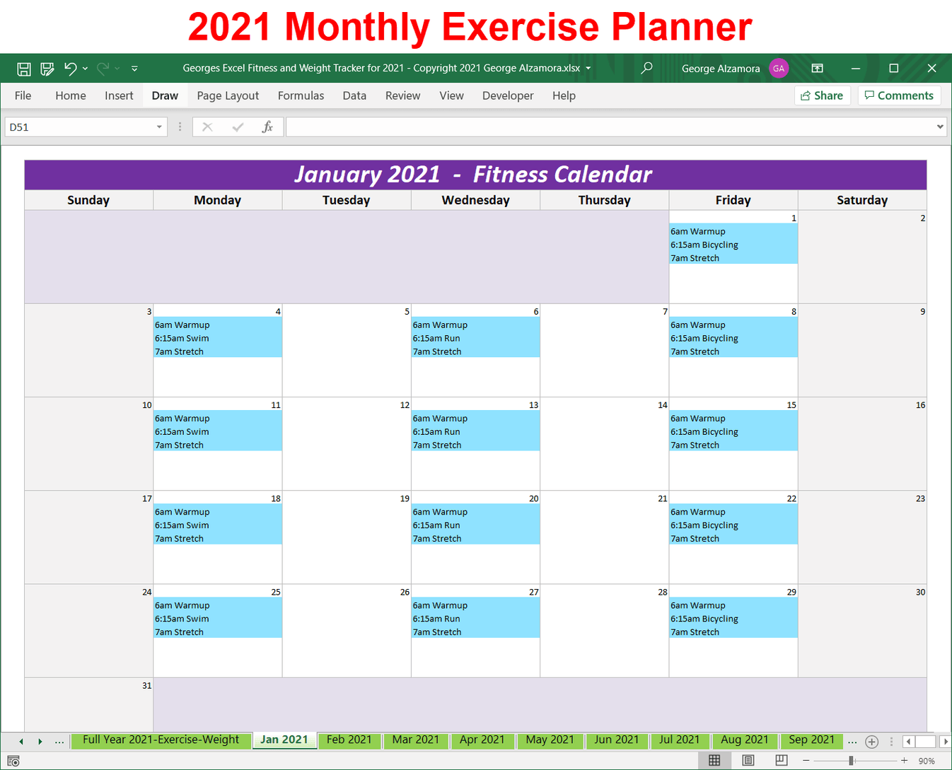 Exercise Weight Tracker for Year 2021 - Excel Spreadsheet - Printable ...