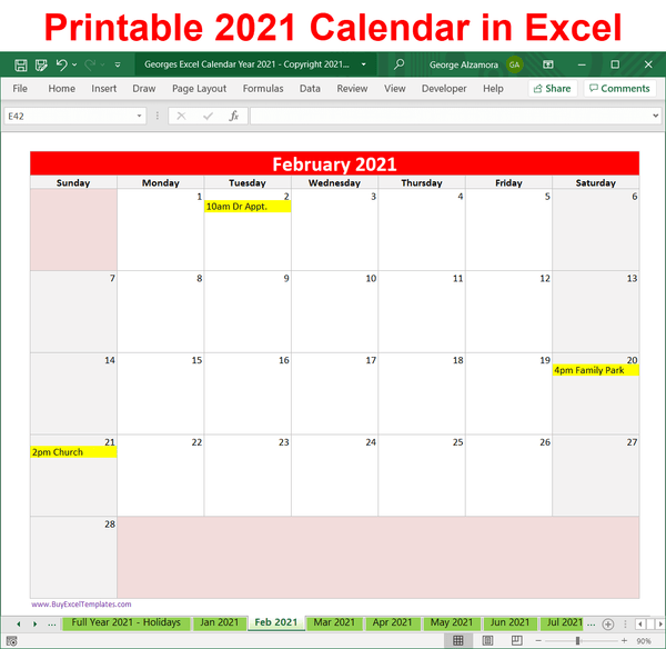 2021 Excel Calendar Planner Template Monthly Yearly Printable Download ...